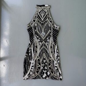 Parker Black and Silver Patterned, Beaded Mini Dress